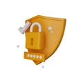 3D shield secure icon, lock password authentication render concept, secret personal data protection.