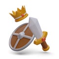 3D shield, sword and gold crown with red crystal. Royal battle. Competition for title Royalty Free Stock Photo