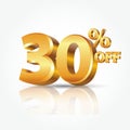3d vector shiny gold 30 percent off text with reflection isolated on white background Royalty Free Stock Photo