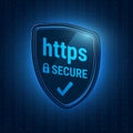3D shiny shield. Secure https Protocol. Icon safe web. Closed lock. Hexadecimal code on a blue background. Vector Royalty Free Stock Photo
