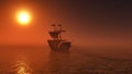 3D ship sailing on a sunset sea Royalty Free Stock Photo