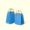 3D shopping bags. Blue paper gift packages with yellow handle