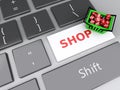 3d Shopping basket with red cubes on computer keyboard. Online