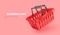 3d shopping basket. Render empty shop cart, realistic floating red market basketof for product trading supermarket