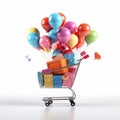 3d Shopping Cart With Balloons: Photorealistic Still Life On White Background