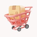 3D Shopping cart and cardboard box. Fast delivery concept from online store. Shipping logistics package delivery. Cargo Royalty Free Stock Photo