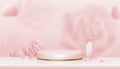 3D Showcase display English rose, candle with pink and yellow gold stand,Vector Realistic podium on blurry spring flower