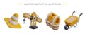 3D signal cone, lifting crane, vest, wheelbarrow with sand