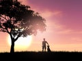 3D silhouette of a boy and his dog against a sunset sky Royalty Free Stock Photo