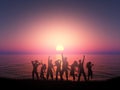 3D silhouette of people dancing against a sunset ocean landscape Royalty Free Stock Photo