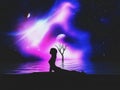 3D silhouetted female in yoga pose against space sky