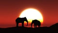 3D silhouettes of elephants against a sunset sky