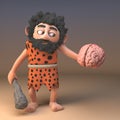 3d silly caveman character holding a club and a human brain, 3d illustration