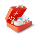 3d Simple Open Red First Aid Kit Plasticine Cartoon Style. Vector
