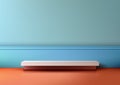 3D simple white shelf on a red floor in front of a blue wall. Product display Royalty Free Stock Photo