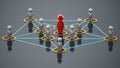 3D simplistic characters linked to each other with a red figure at the center. Business network concept. 3D illustration