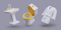 3D sink, toilet, white robe in cartoon style. Isolated vector objects in tilted position