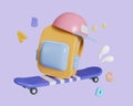 3d skateboard with back to school. School Bag, cap and skateboard isolated on background. icon with clipping path Royalty Free Stock Photo