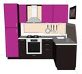 3D sketch drawing of pretty purple and brown corner kitchen with built in fridge