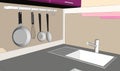 3D sketch drawing of purple and brown kitchen corner with sink and wall pot rack