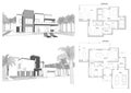 3d sketch of a modern private building with a terrace, facade and back yard view surrounded by palm trees. Floor plan layout Royalty Free Stock Photo