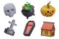 3D skull, cauldron with elixir, pumpkin head, grave cross, empty coffin, witch house