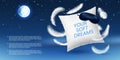 3D sleep pillow. Comfort bed. Dream with feather and mask. Soft night cushion. Realistic cotton product for bedroom. Sky