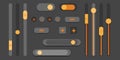 3d slider bar in gray and orange. Scroll down button. Panel switch control. Website element. Web ui. Horizontal and