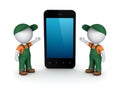 3d small people in workwear and cellphone.