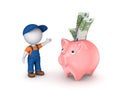 3d small person in workwear and piggy-bank.