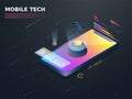 3D Smartphone with Bitcoin Server and Infographic Multiple Screen for Mobile Technology.