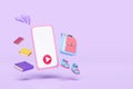 3d smartphone with book, backpack, textbook, sneakers, shoes, school bag icon isolated on purple background. education, learn