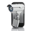 3d Smartphone with CCTV camera. Mobile security concept.