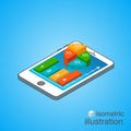 3D Smartphone with colorful graphs in the isometric projection. Modern infographic template. Isometric vector illustration Royalty Free Stock Photo