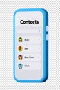 3d smartphone with contacts app open, displaying list of names and numbers, isolated on transparent background Royalty Free Stock Photo