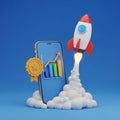 3D Smartphone Displaying Growth Chart with Rocket Launching from Cloud of Smoke mobile Royalty Free Stock Photo