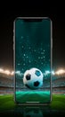 In 3D, a smartphone displays a live soccer game on its white screen against a dark backdrop