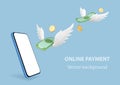 3D smartphone, dollar bills with white wings and gold coins on blue background. Payment transaction on smartphone. Online payment