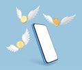 3D smartphone and gold coins with white wings on blue background. Online earnings concept. Vector illustration Royalty Free Stock Photo