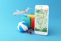 3d Smartphone with GPS map navigation app with planned route