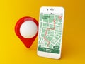 3d Smartphone with GPS map navigation app with planned route on screen