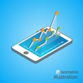 3D Smartphone with graphs in the isometric projection. Modern infographic template. Isometric vector illustration Royalty Free Stock Photo