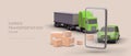3d smartphone, green truck, parcels and car. Online order of fast goods delivery via mobile phone