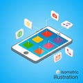 3D Smartphone with mobile application icons in the isometric projection. Modern infographic template. Royalty Free Stock Photo