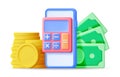 3D Smartphone with Money and Calculator. Royalty Free Stock Photo