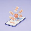 3D Smartphone with Online Shopping Interface and Falling Rewards mobile phone e-commerce Royalty Free Stock Photo