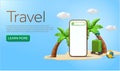 3d smartphone with search box, palm or coconut trees, sand on island, volleyball, clouds. Banner concept with text and