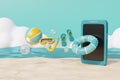 3d Smartphone with summer elements, beach ball and snorkel. Summer vacation. 3d rendering Royalty Free Stock Photo