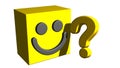 3D Smiley cube With big Question mark. Smiling geometric Character Box. 3D Rendering isometric happy Emoji