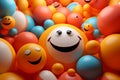 3d smiley face surrounded by colorful balloons Royalty Free Stock Photo